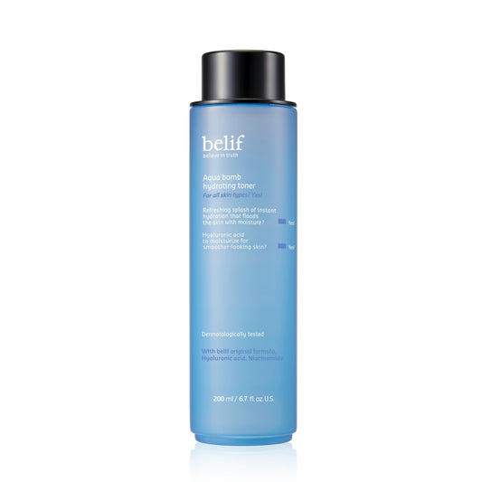 belif front packaging showing bottle and clear lightweight benefit