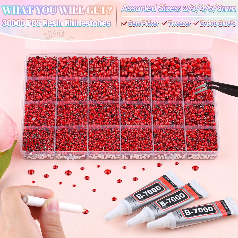 BELLEBOOST 24-grid organizer with sorted red rhinestones for quick access