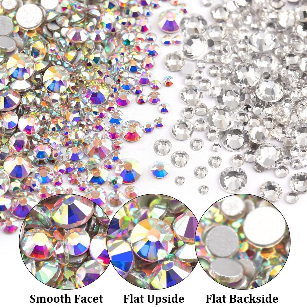 BELLEBOOST clear and AB rhinestone box top view, varied sizes for precise accents