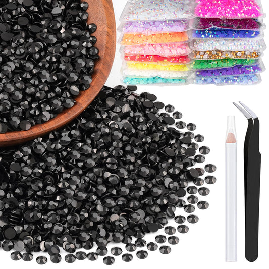 BELLEBOOST pack front view showing 4,000 black rhinestones and included tools for fast starts