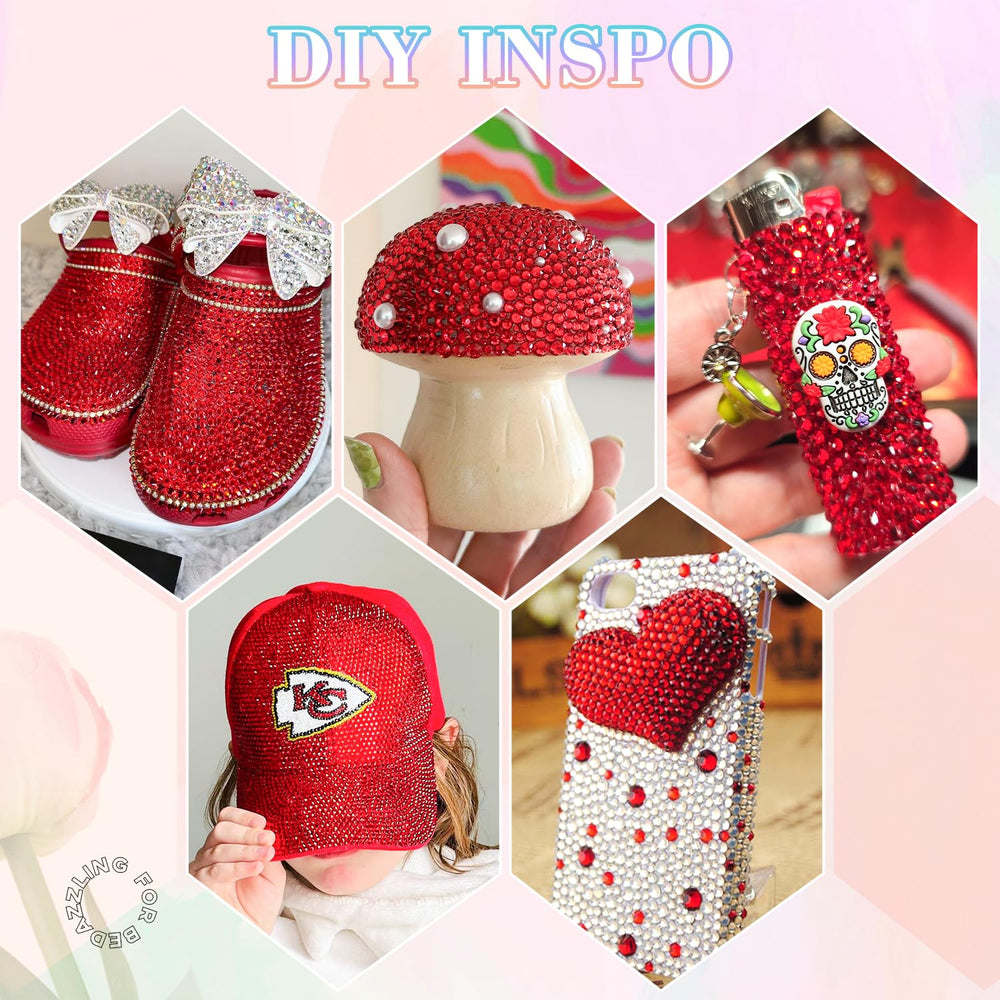 BELLEBOOST red rhinestones adhered on fabric demonstrating decorative effect