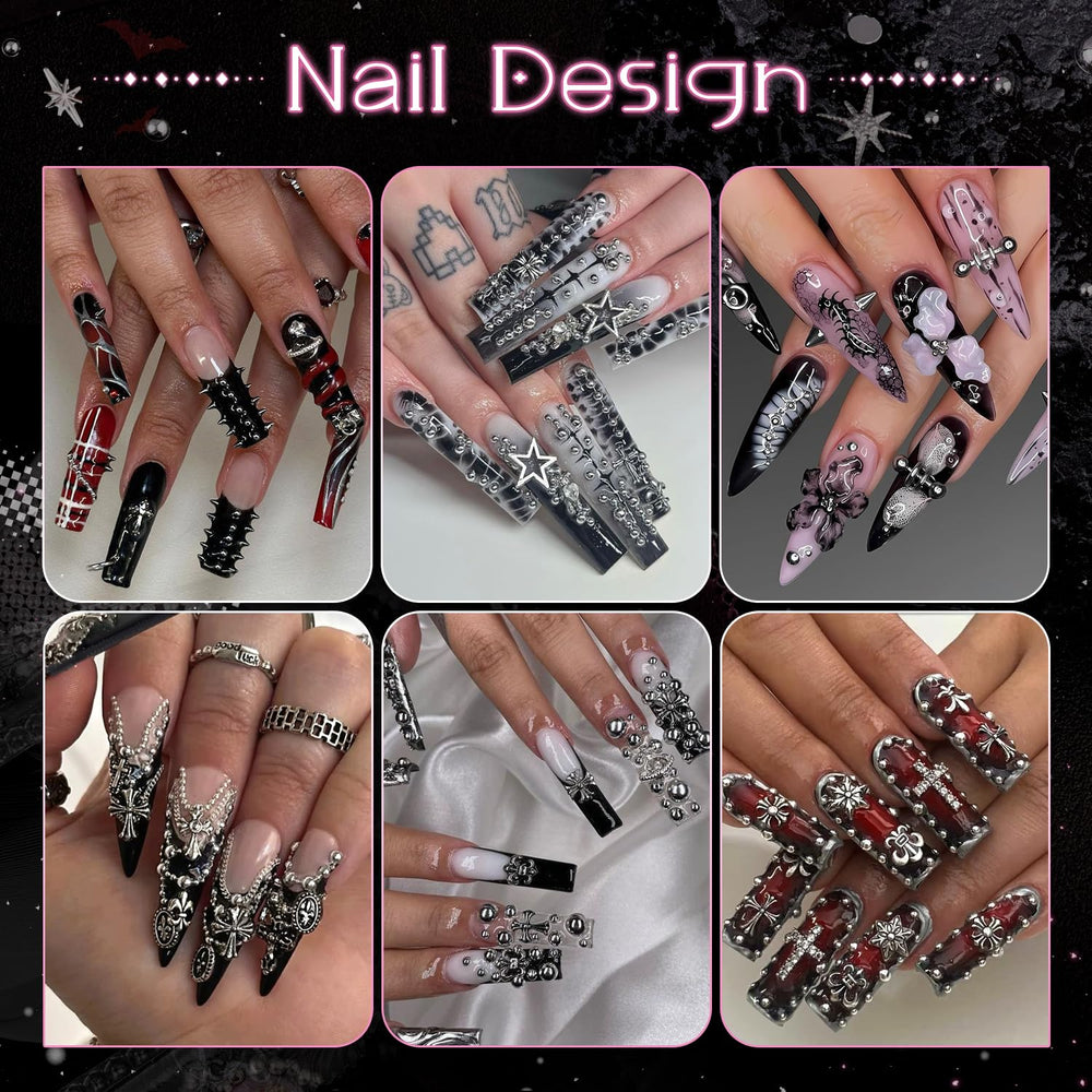 BELLEBOOST studs applied on nails demonstrating dramatic punk and pearl combo