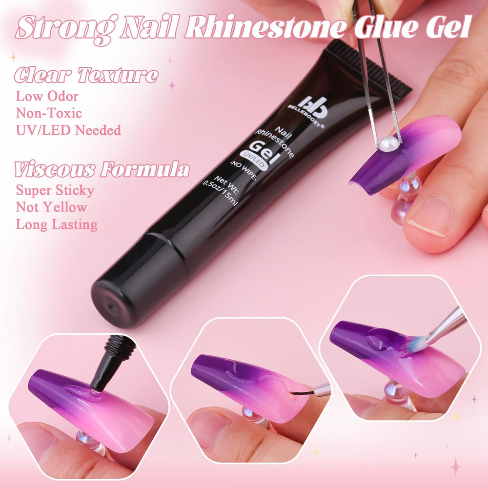 BELLEBOOST lifestyle manicure scene showing finished nails with pearls for event-ready styling