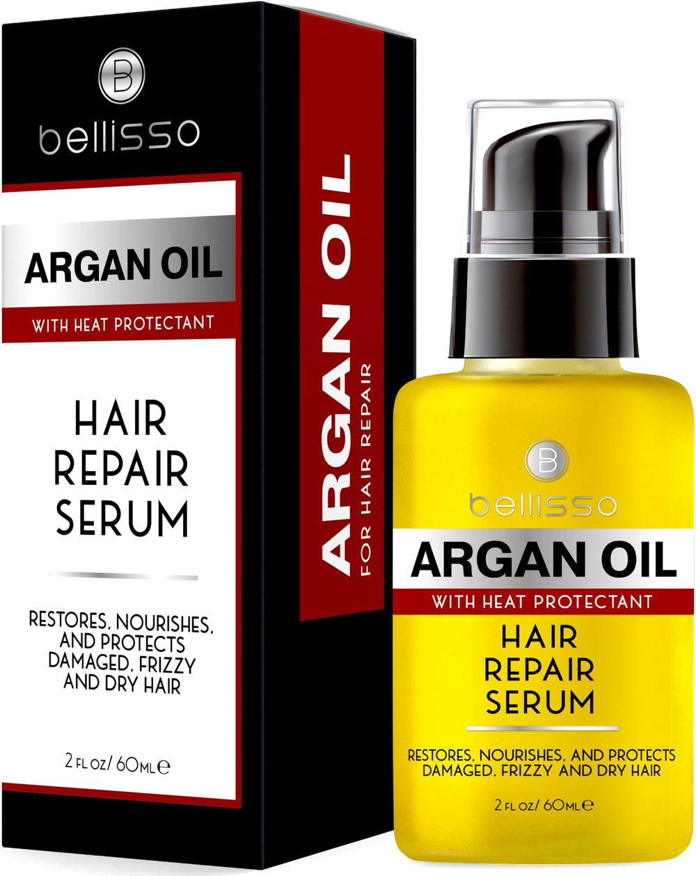 BELLISSO front label of Moroccan argan oil serum showing product and benefits