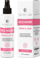 BELLISSO front packaging showing rice water spray for fuller hair benefit