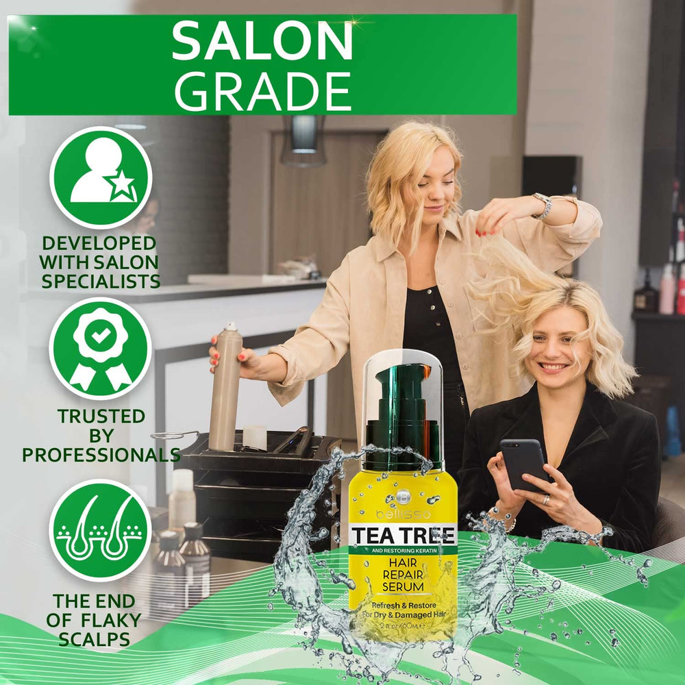 BELLISSO label close-up highlighting tea tree and keratin
