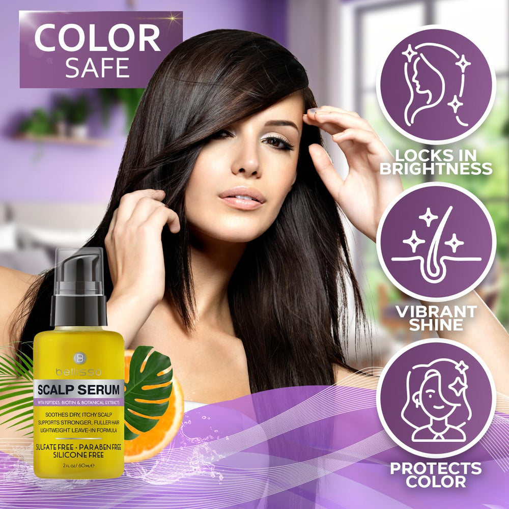 Person applying BELLISSO to scalp with fingertips showing targeted soothing and itch relief