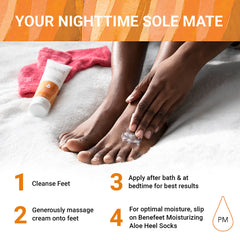 Benefeet being applied to heel demonstrating deep overnight hydration benefit