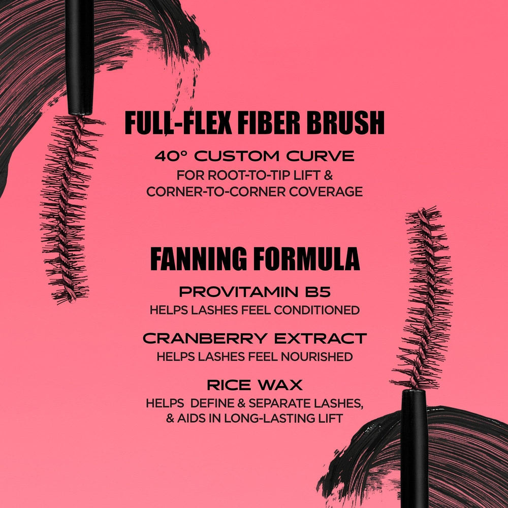 Benefit Fan Fest formula swipe showing smooth, buildable texture and clump-free finish benefit