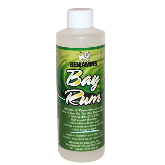Benjamins bottle front view showing label and classic bay rum benefit