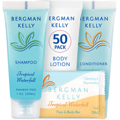 BERGMAN KELLY front packaging showing tropical waterfall scent and full set benefit