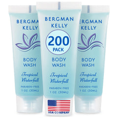 BERGMAN KELLY front packaging showing tropical waterfall scent and compact bottle benefit