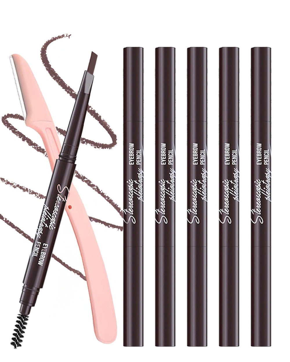 Berinist front packaging showing six dark brown eyebrow pencils and razor for versatile grooming
