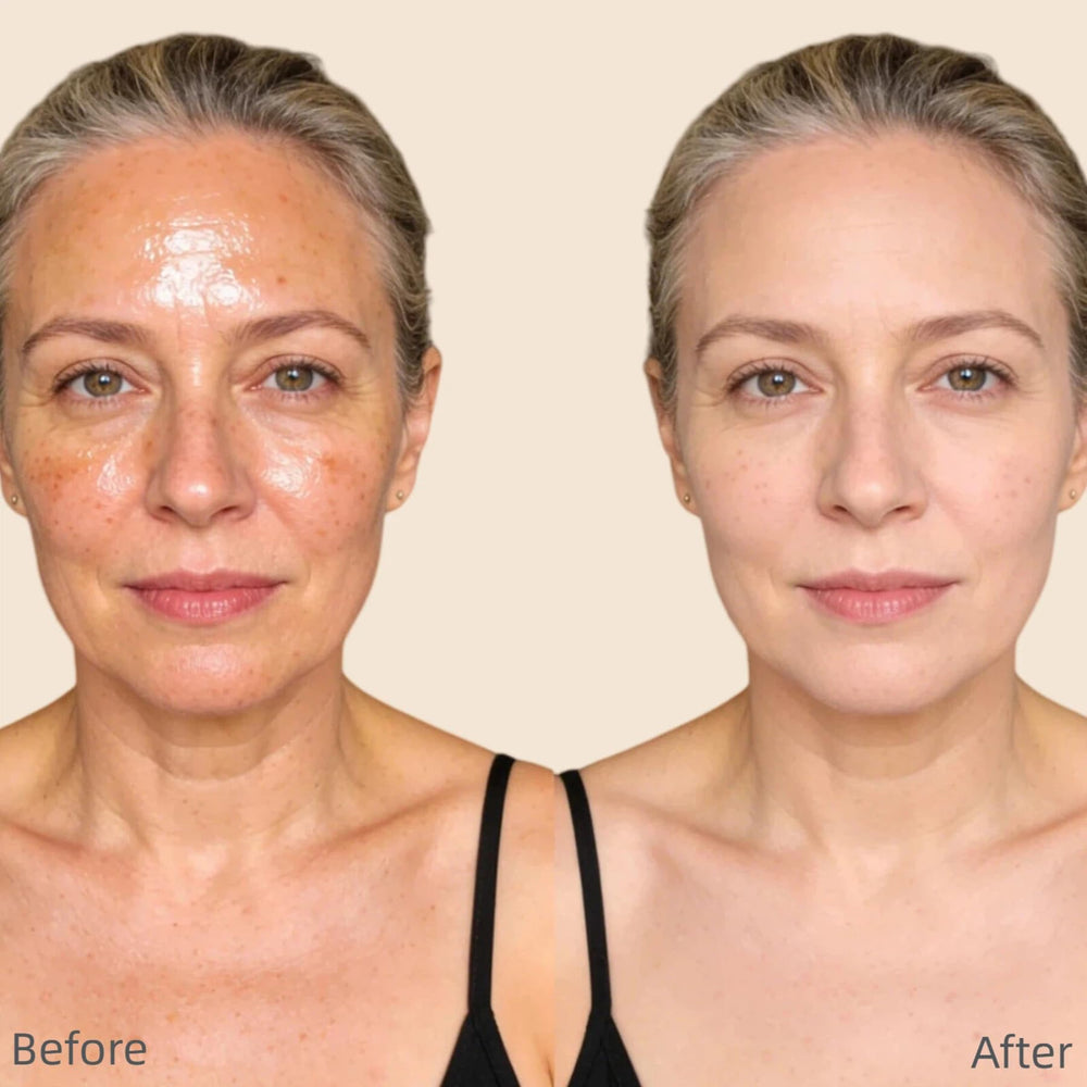 BESHICO split-face before and after showing reduced shine and blurred pores