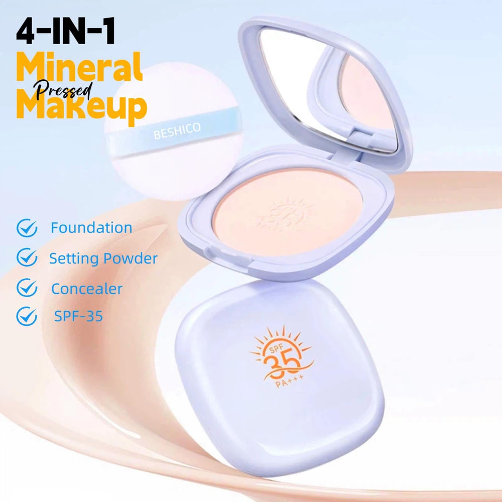 BESHICO pressed powder texture close-up revealing fine mineral finish for smooth skin