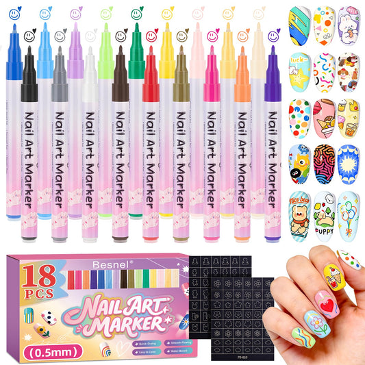 BESNEL front packaging showing 18 colorful nail art pens, great starter kit