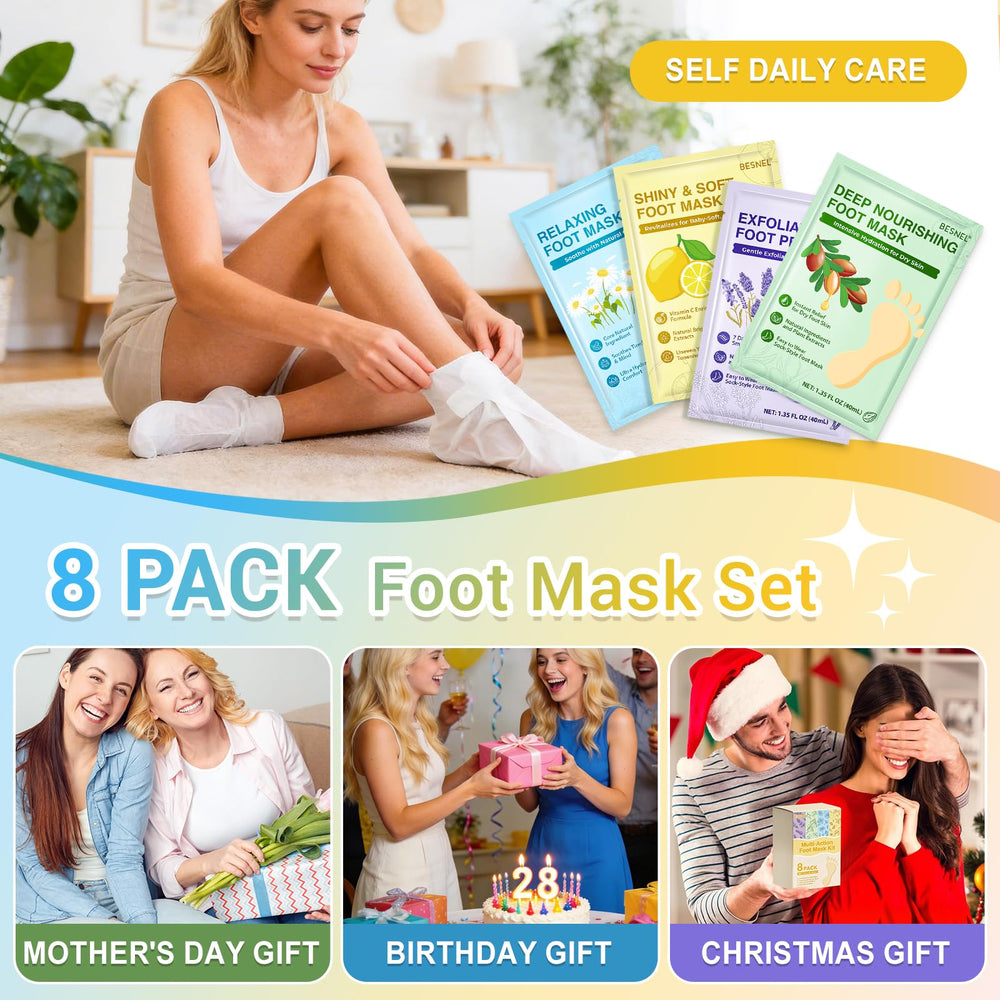 BESNEL foot mask used in a home spa setup conveying relaxing self-care