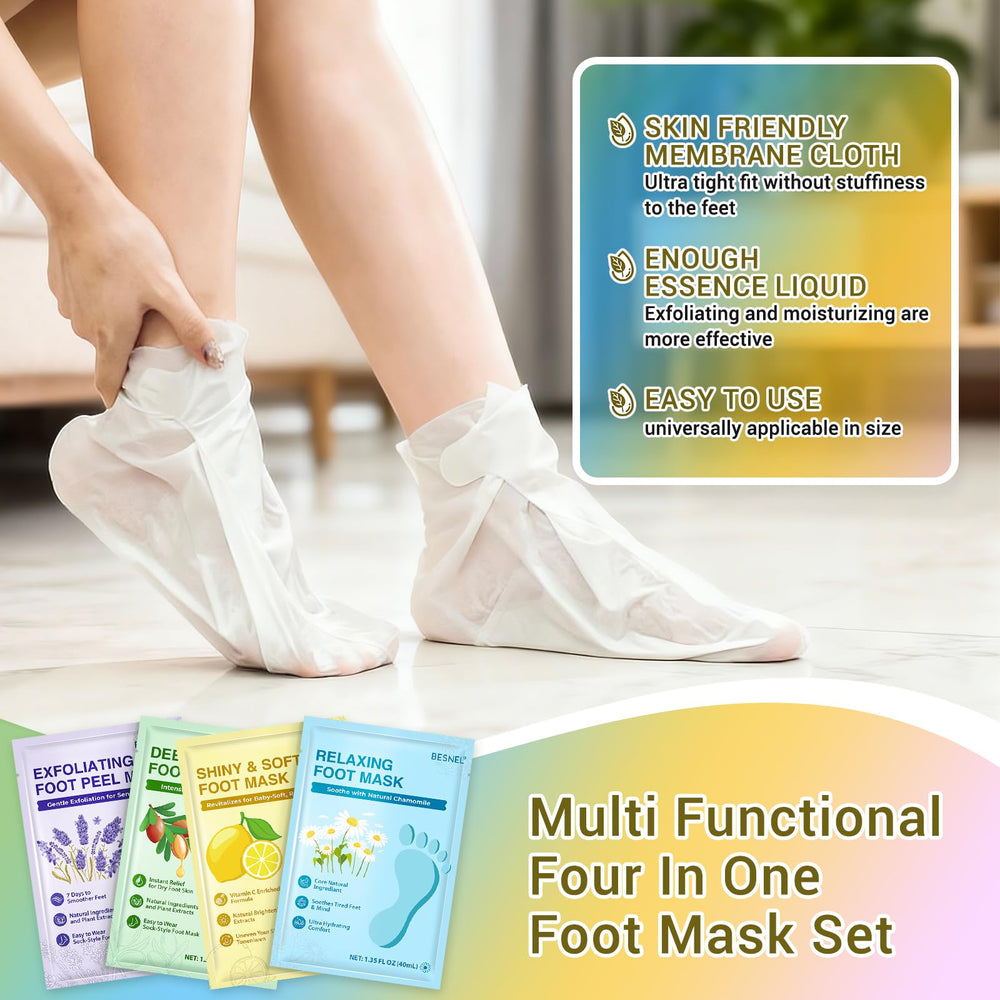 BESNEL foot mask held in hand to show size and single-use sachet scale