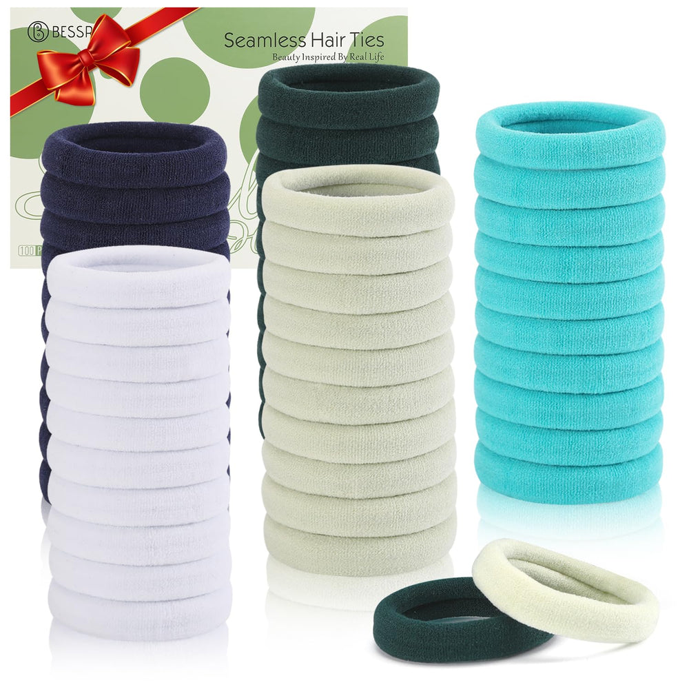 Bessrung front packaging showing 100-piece gradient blue hair ties and quantity benefit