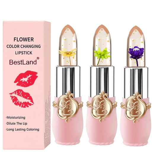 BestLand front packaging showing three floral jelly lipsticks and case, attractive gift-ready