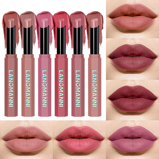 BestLand front view of six pink matte lipsticks showing variety and quick selection benefit