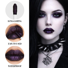 BEUSELF applied on lips closeup showing metallic purple payoff benefit dramatic color