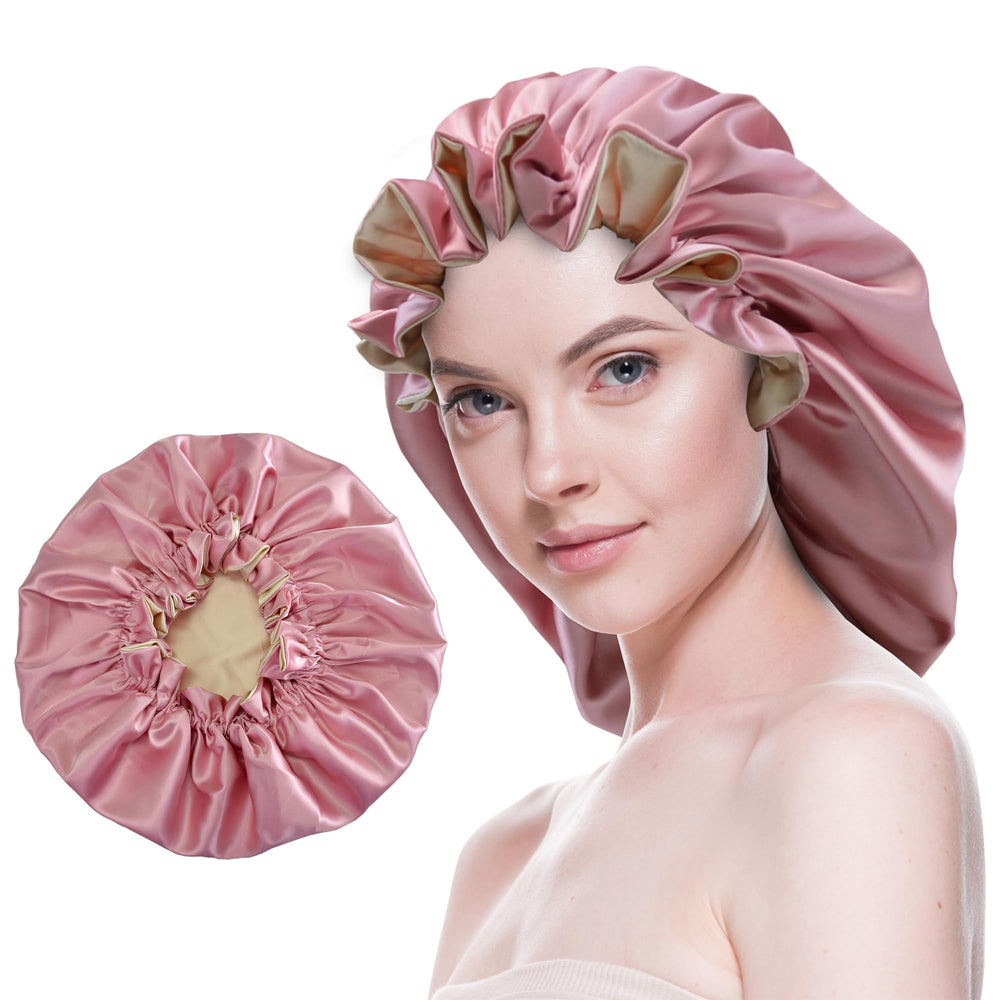 Beutyme dusty pink bonnet front view showing smooth satin and roomy fit benefit: protects hair