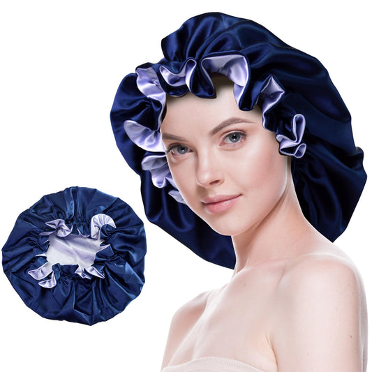 Beutyme satin bonnet front view showing navy color and smooth fabric benefit
