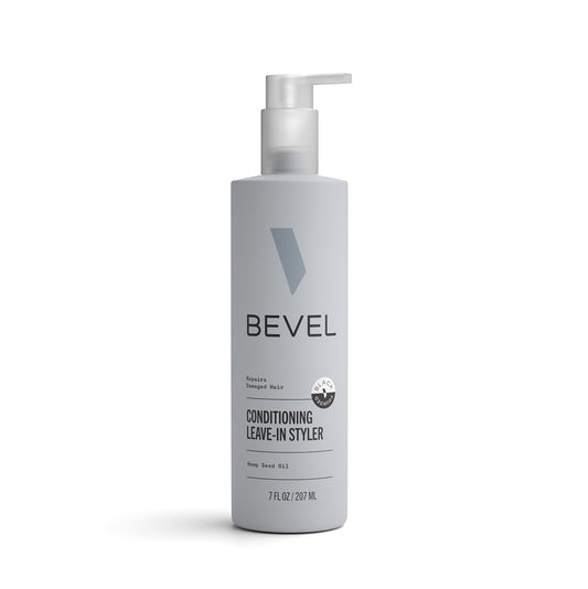 Bevel leave-in front packaging showing 7 oz bottle and label benefits