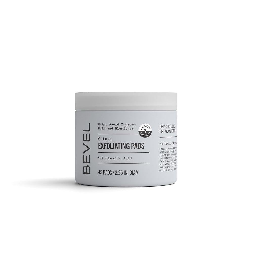 Bevel front packaging showing 45 exfoliating glycolic acid pads and benefits