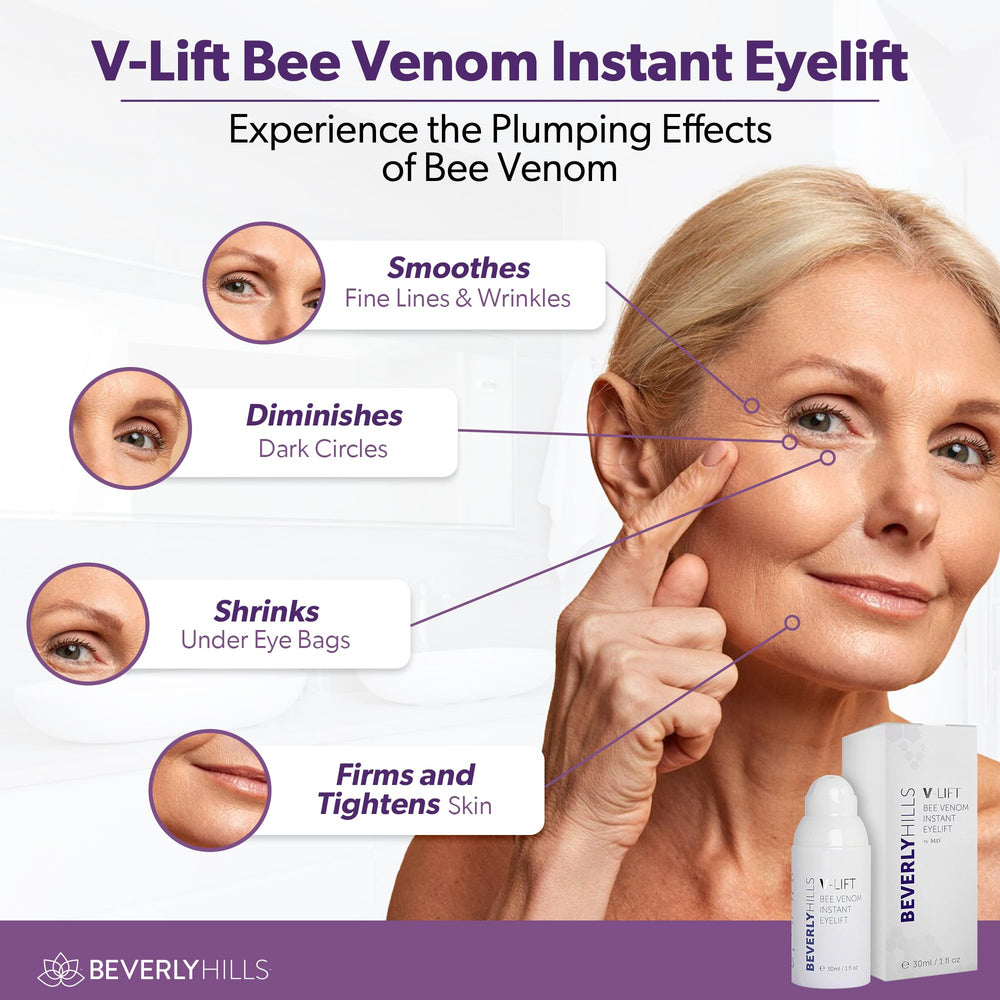 Beverly Hills V-Lift closeup label listing key actives and transparency benefit