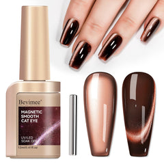 Bevimee front bottle showing brown cat eye gel polish and glossy dark shimmer benefit