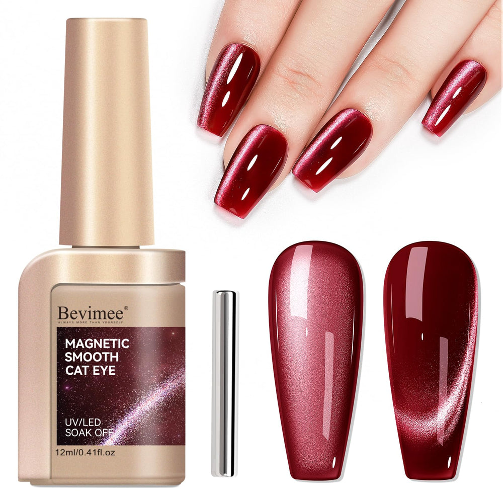 Bevimee front bottle burgundy red showing label and glossy polish finish benefit long-lasting shine