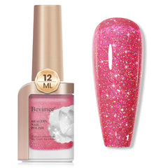 Bevimee front bottle glitter polish showing holographic shimmer and quick-dry benefit