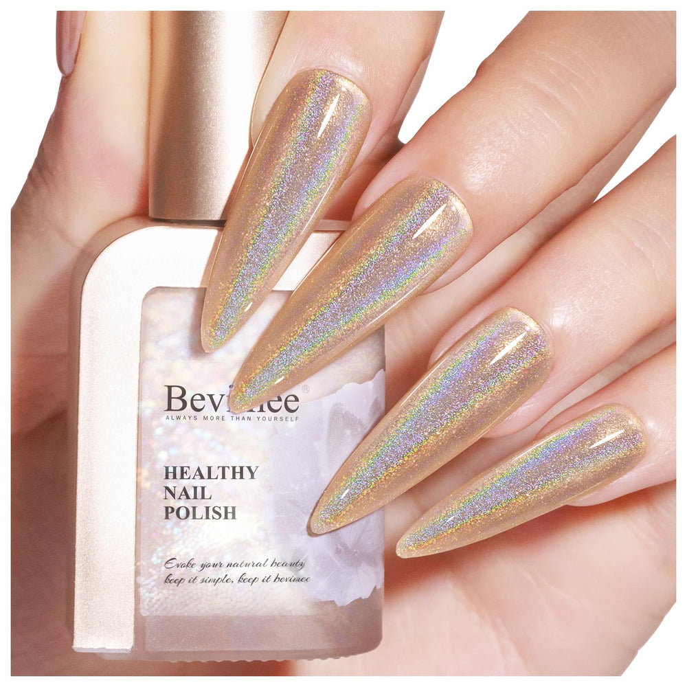 Bevimee finished manicure in lifestyle setting highlighting glossy shine