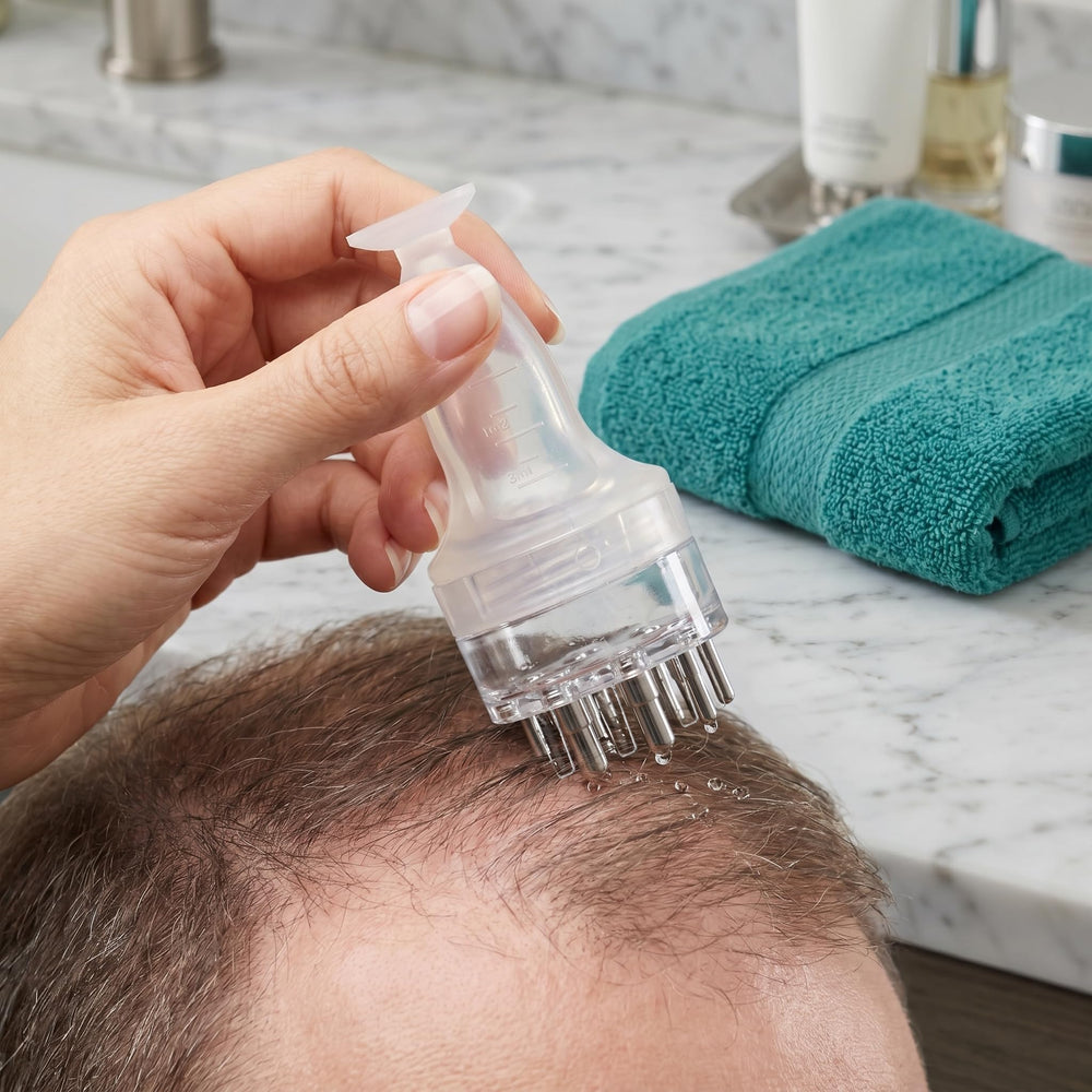 BFYQACEJRTG applicator in use applying serum directly to scalp accurately