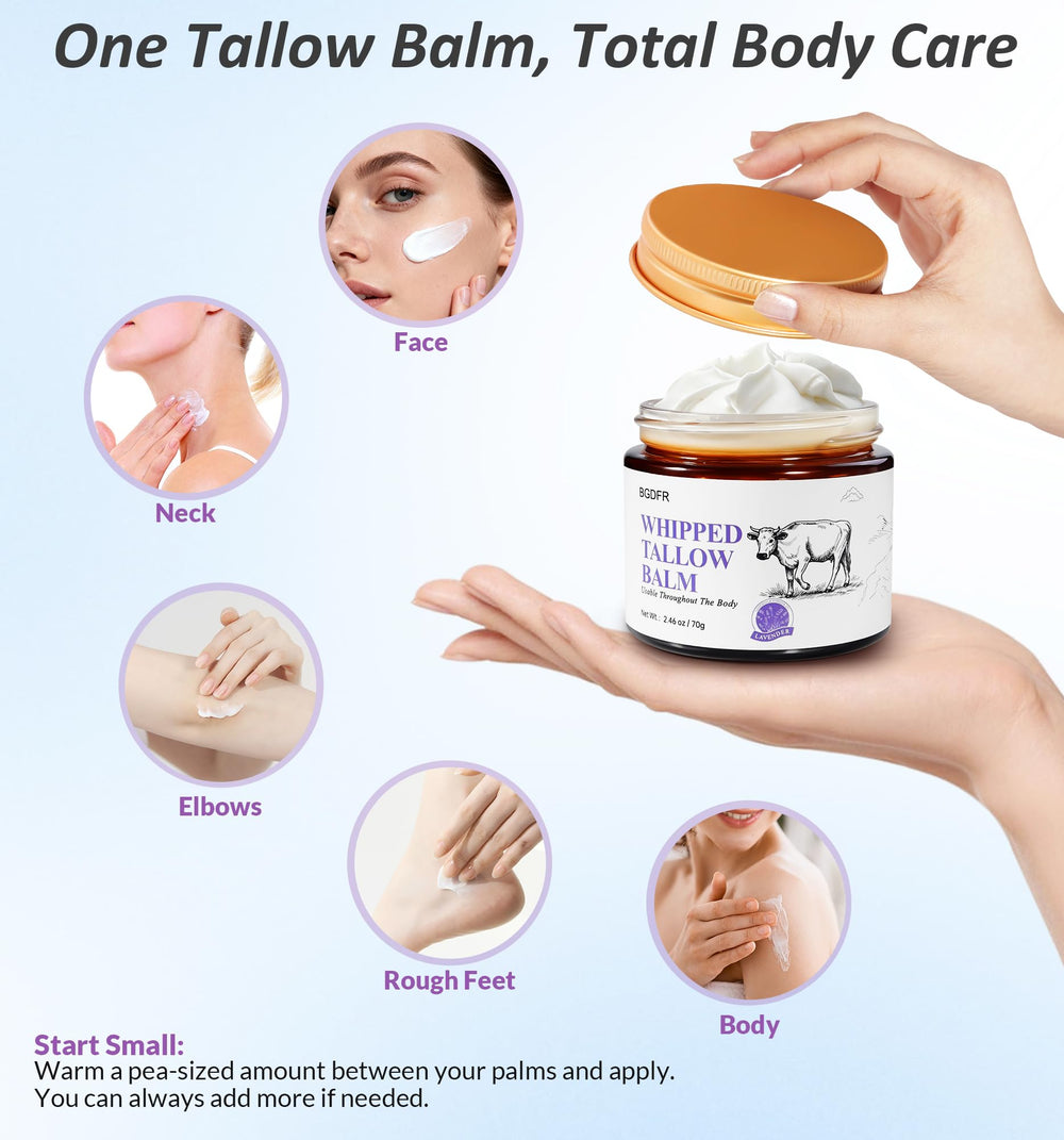 BGDFR product label detail highlighting grass‑fed tallow and lavender benefits