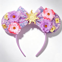 bianbaistar front view showing full purple sequin ears and floral bow, enhances outfit sparkle