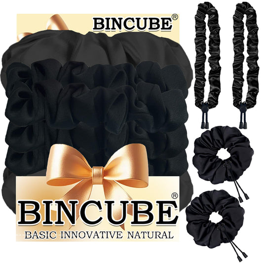 BINCUBE front view of four scrunchies showing color variety and packaging benefit