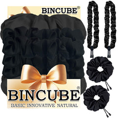 BINCUBE front view of four scrunchies showing color variety and packaging benefit