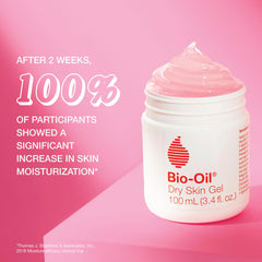 Bio-Oil dry skin gel applied to face showing lightweight hydration without residue