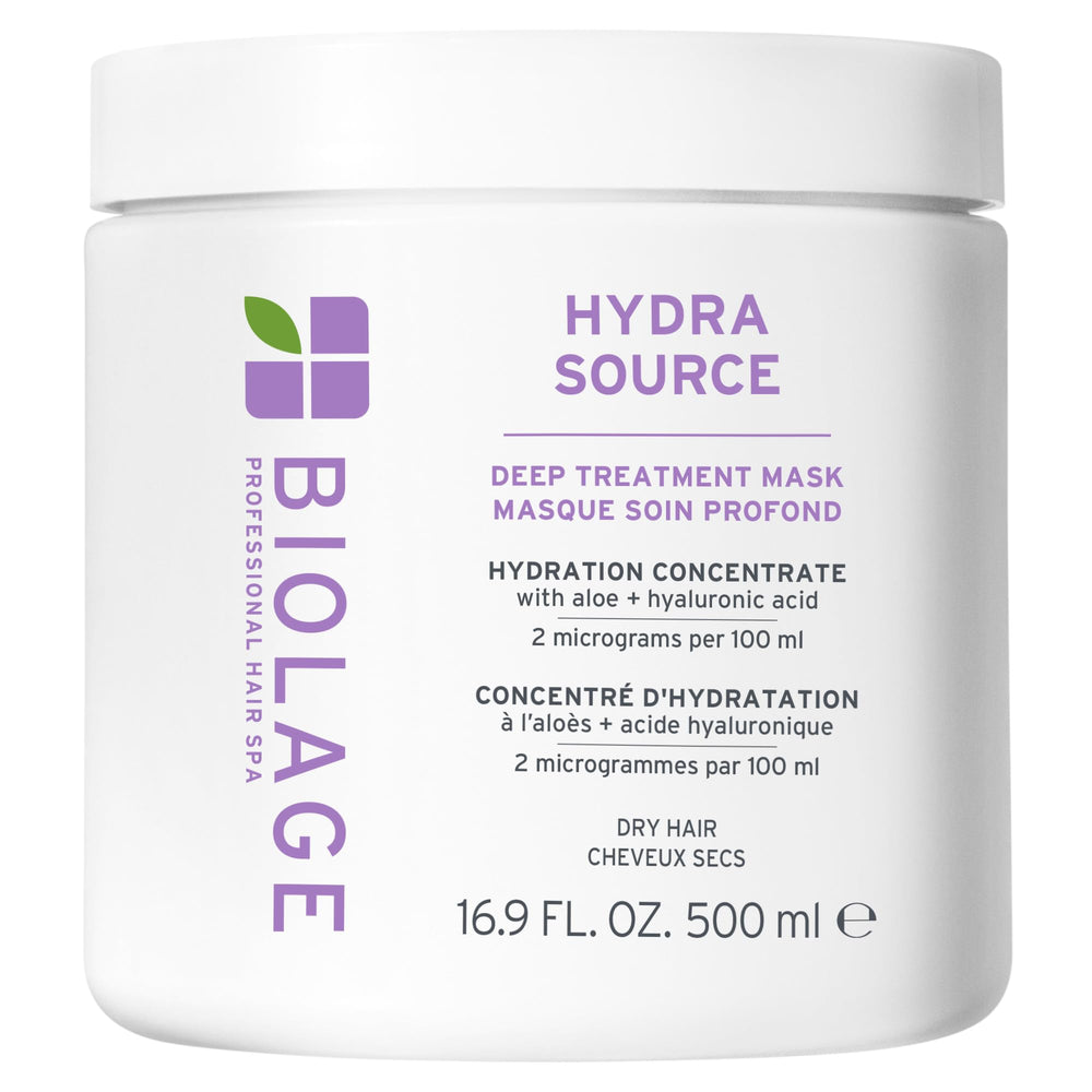 Biolage Hydra Source front pouch showing product branding and volume, hydrates hair