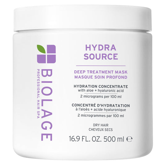 Biolage Hydra Source front pouch showing product branding and volume, hydrates hair