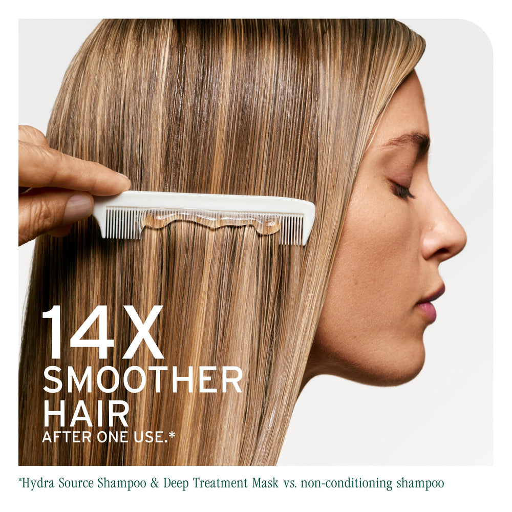 Biolage Hydra Source applied to wet hair mid-lengths, restores softness and manageability