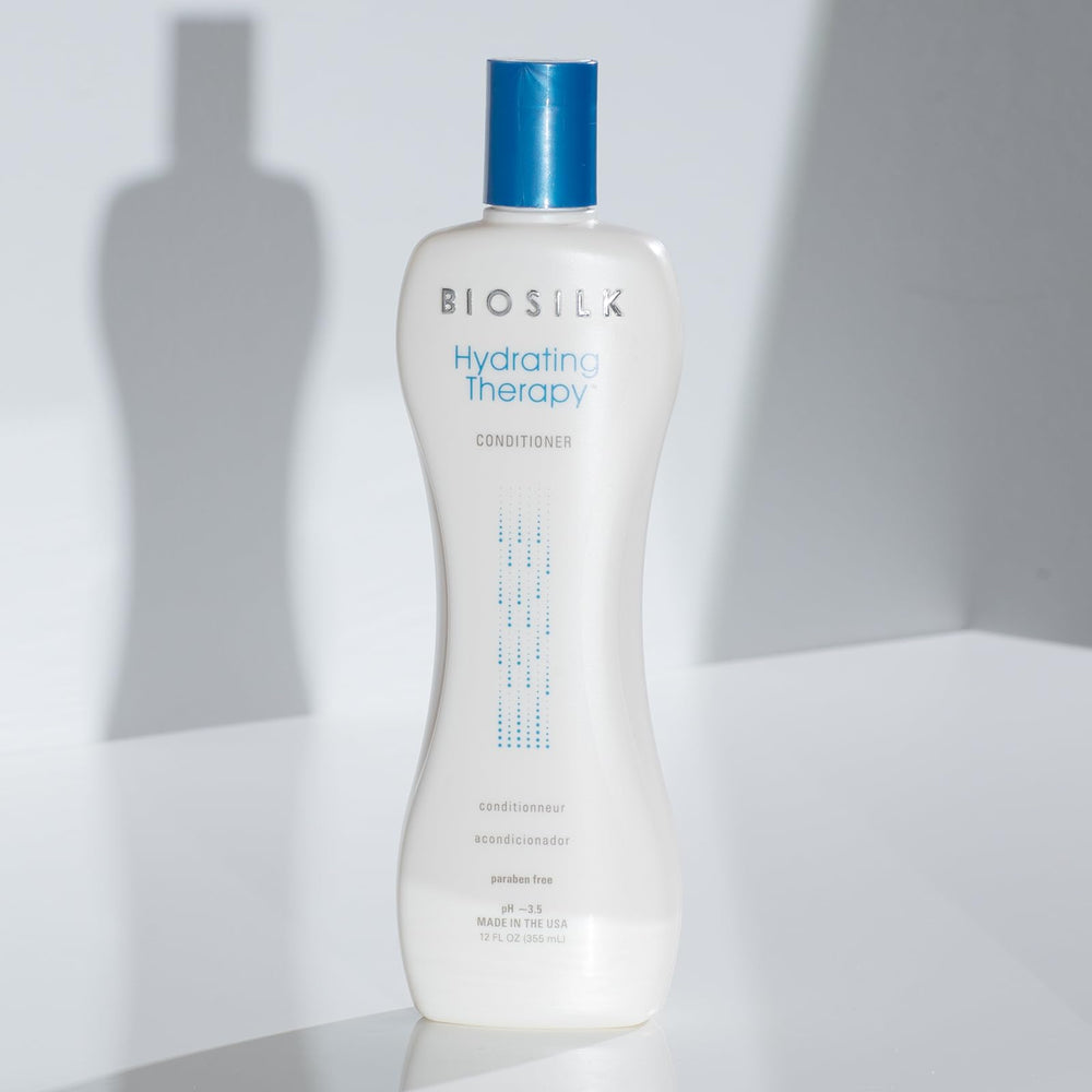 BioSilk conditioner on bathroom shelf styled to show routine-ready packaging