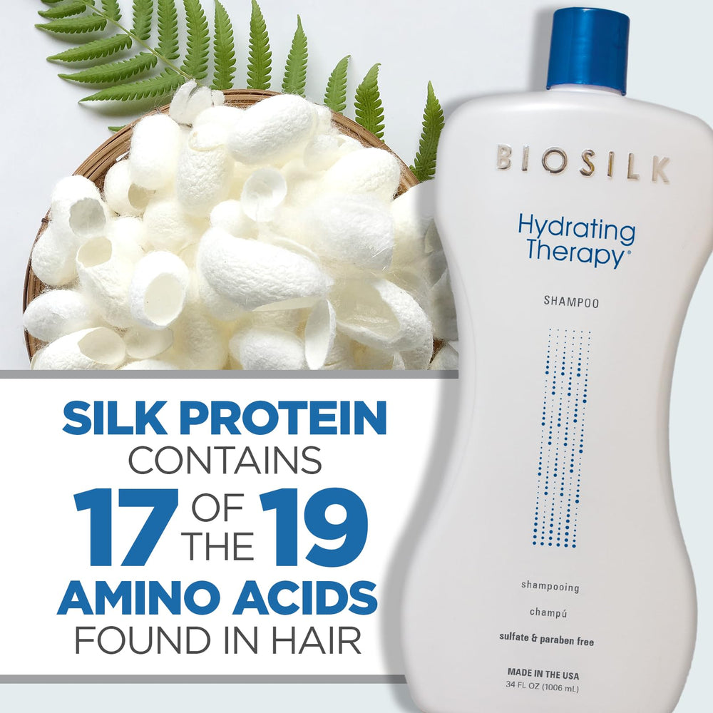 BioSilk shampoo in shower being applied to wet hair for hydration