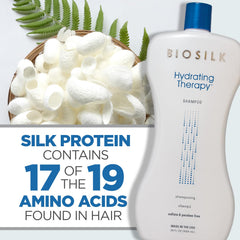 BioSilk shampoo in shower being applied to wet hair for hydration