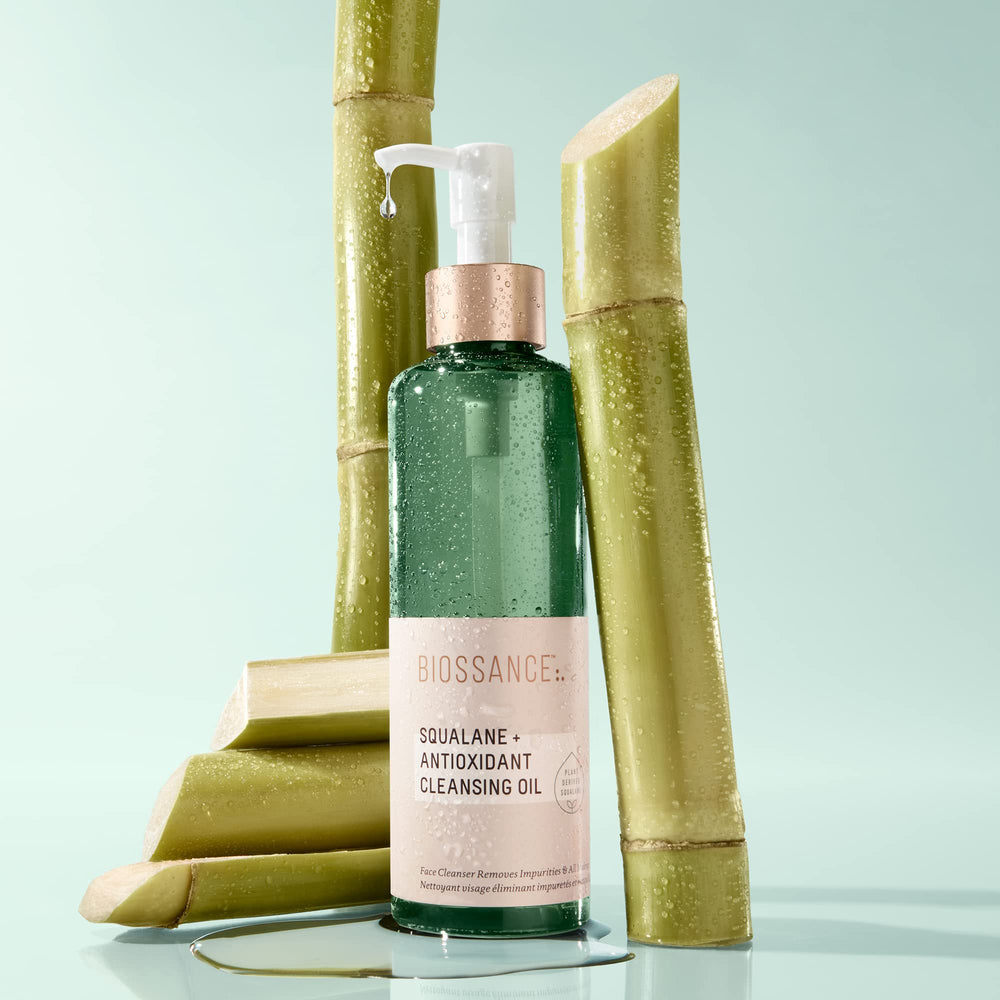Biossance bottle next to a ruler indicating 6.7 ounce size for scale