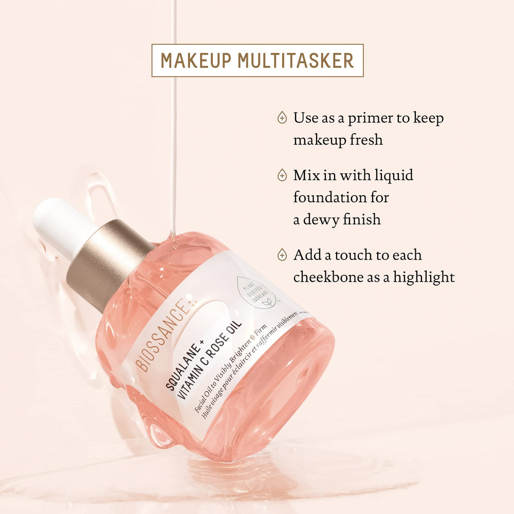 BIOSSANCE bottle held in hand to show compact 1oz travel-friendly size