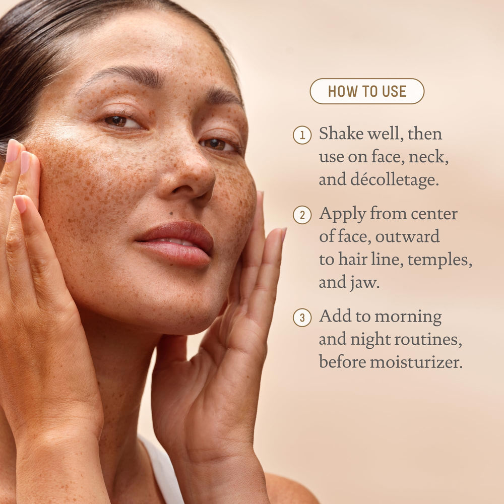Biossance applying serum to neck displaying lifting effect and targeted smoothing